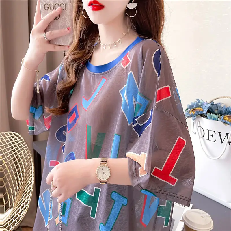 

Short-sleeved T-shirt for Women with Ice Silk Loose Mid-length Summer European Goods Large Half-sleeved Thin Sun Protection Top
