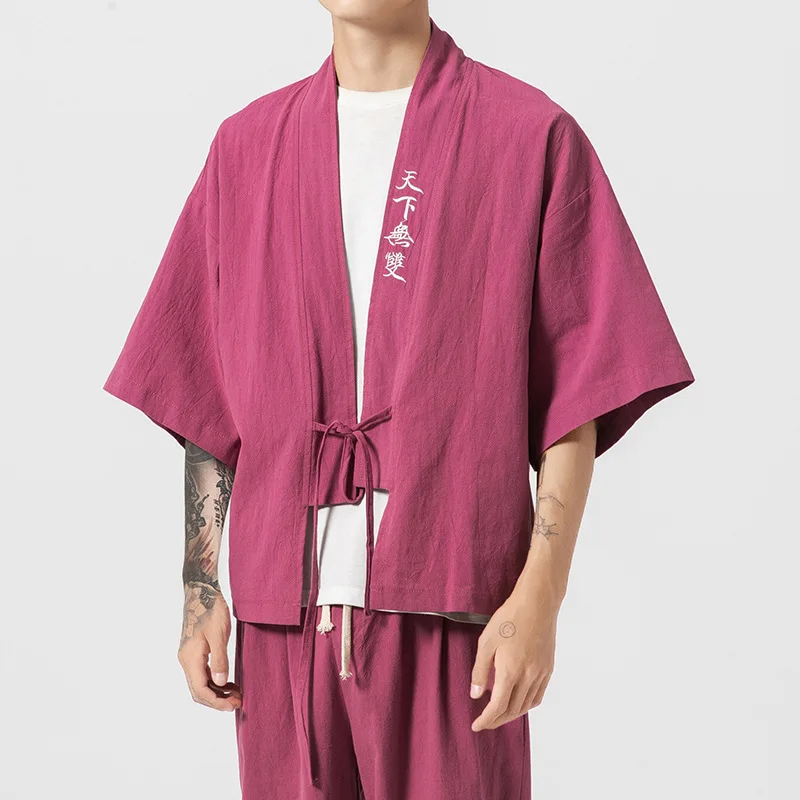 

Vintage Embroidere Japanese Yukata Suit Samurai Cosplay Costume Plus Size Cotton Linen Mens Kimono Cardigan Pants Two Piece Set