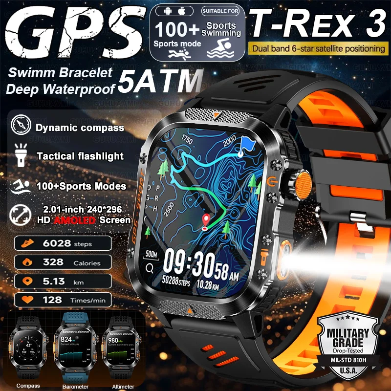 

2025 НОВЫЕ военные GPS-позиции 2,01 "Оригинальные умные часы 5ATM Водонепроницаемый компас-трекер 540 мАч Фонарик BT Call Смарт-часы