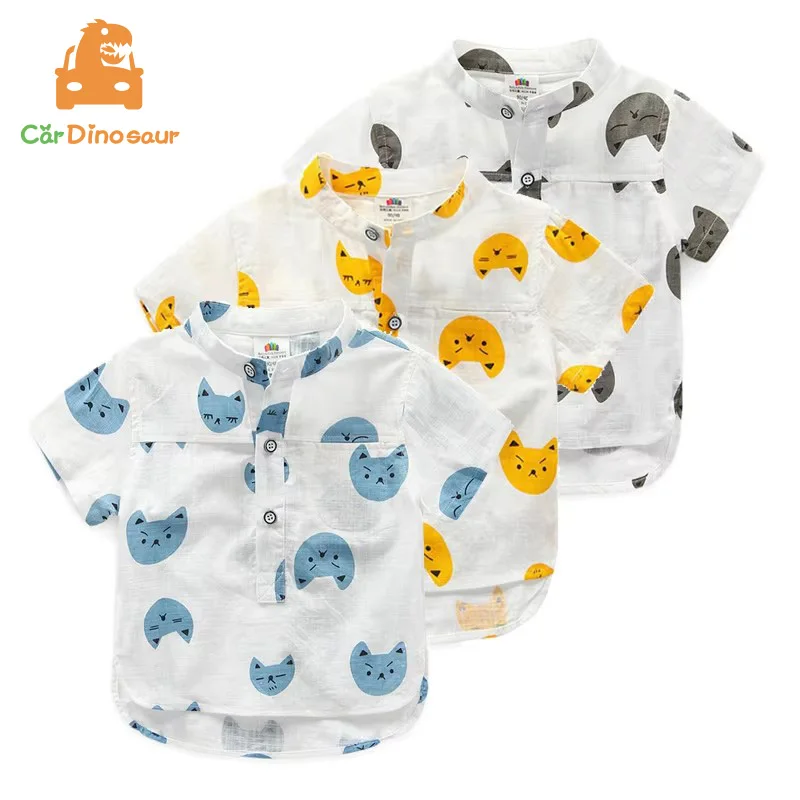 2025 Summer 2 3 4 6 8 10 Years 90-140cm Children Handsome Soft Cotton Mandarin Collar Cat Print Short Sleeve Baby Kids Boy Shirt