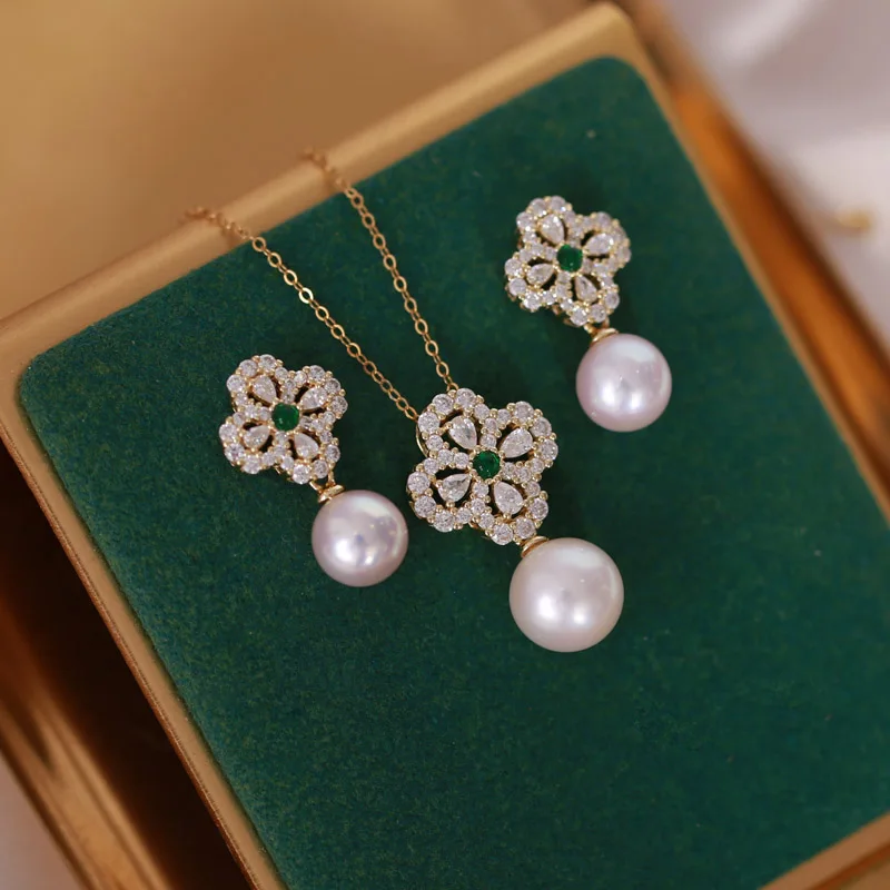 

MeiBaPJ 9-10mm Natural White Round Pearls Flower Jewelry Set 925 Silver Pendant Earrings Fine Wedding Jewelry for Women