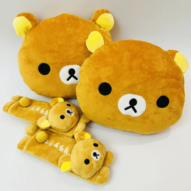Kawaii Rilakkuma Soft Bear Stuffed Doll Car Neck Headrest Pillow with Safety Belt Kid-Friendly Shoulder Pillow for Travel Gifts