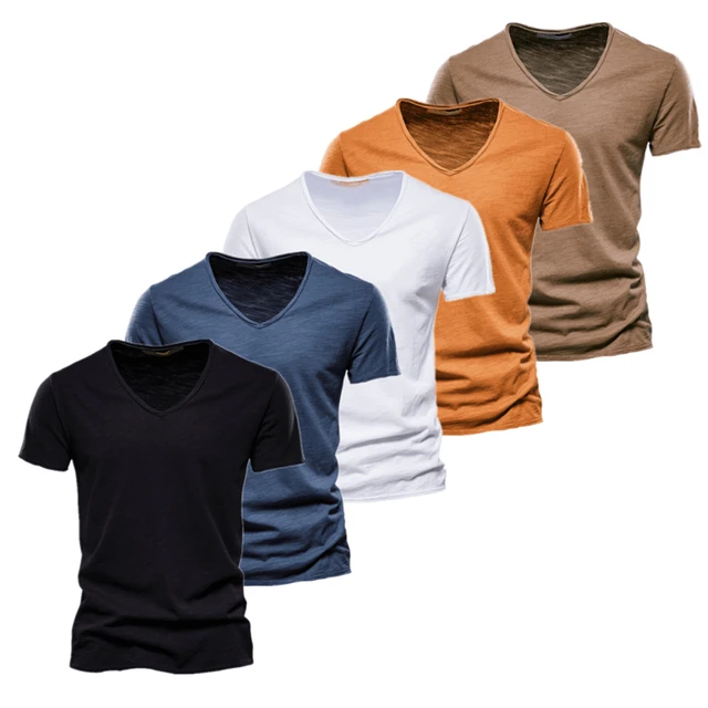 AIOPESON 5 Pcs maglietta di marca da uomo Casual tinta unita Slim Fit T Shirt con scollo a v da uomo nuova qualita estiva 100 T Shirt in cotone per uomo AliExpress