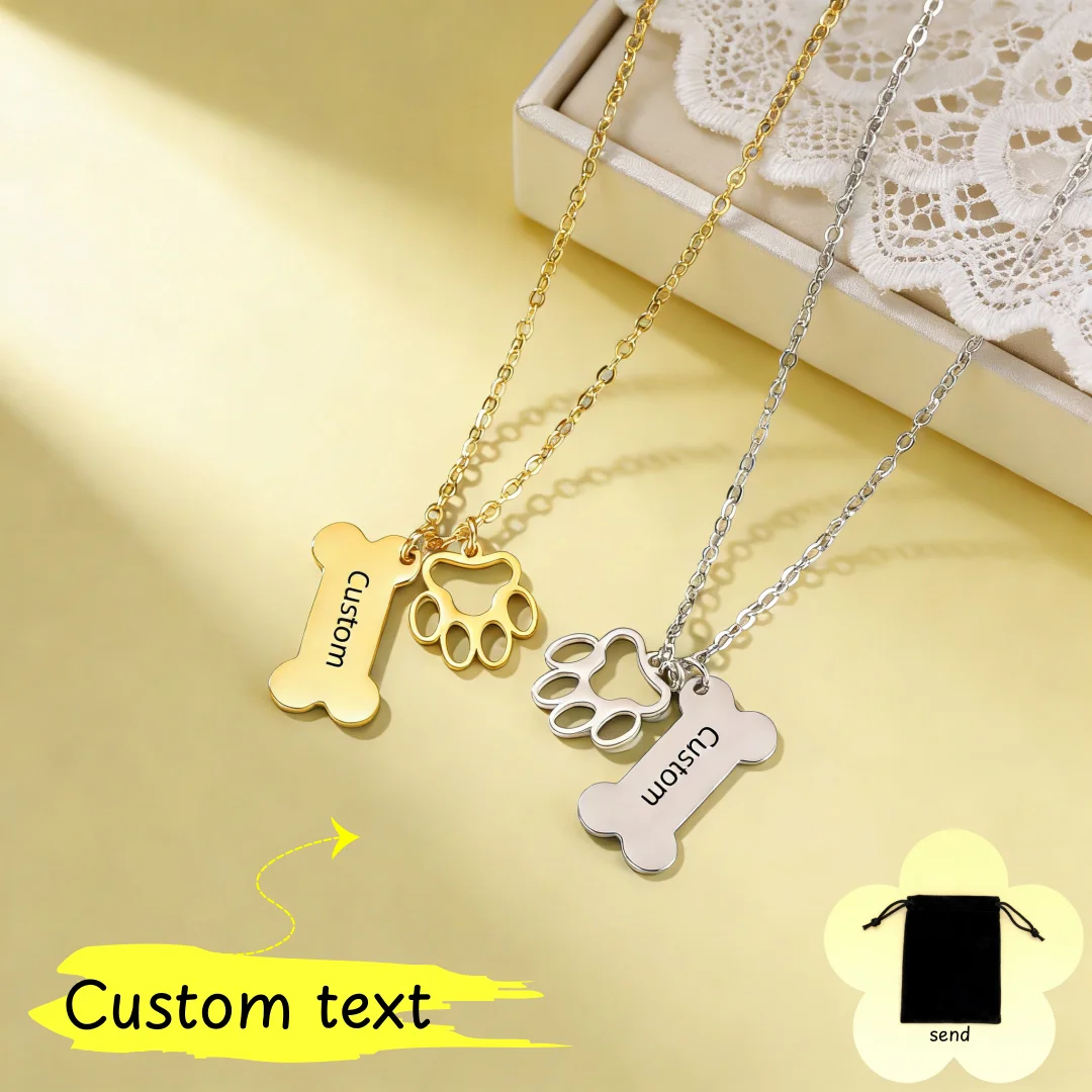 Customized pet name text hollow claw print bone pendant necklace made of stainless steel, personalized gift for pet lovers