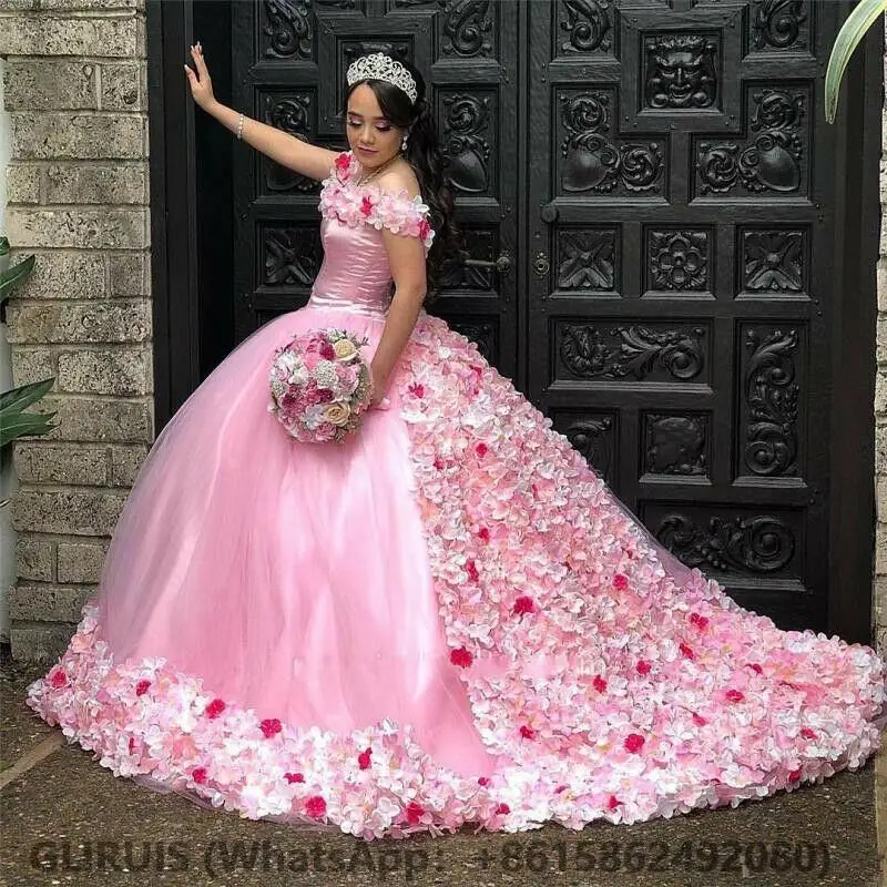 

Charming Pink 3D Flower Quinceanera Dresses Off the Shoulder Lace Up Back Princess Sweet 15 Dress Sweep Train Girls Prom G