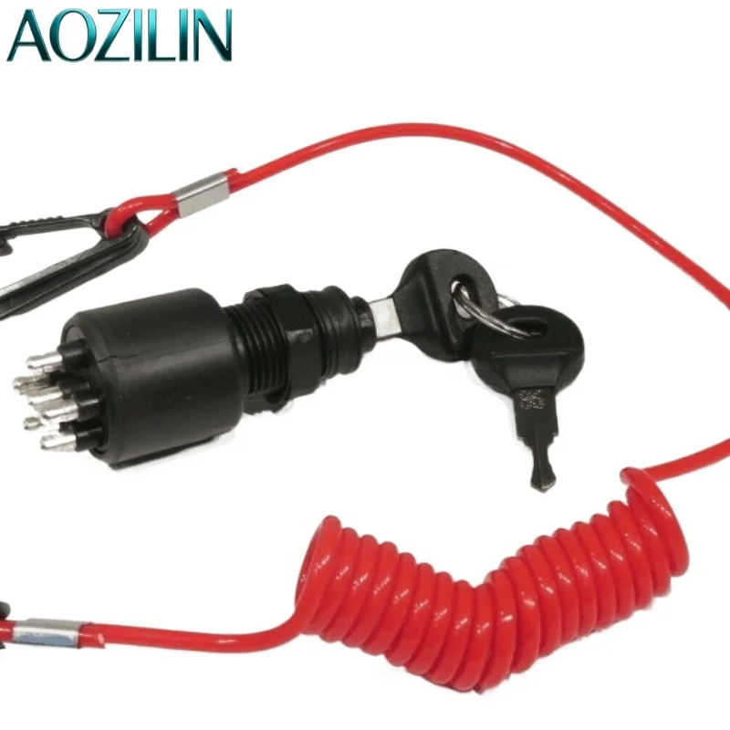 AOZILIN Ignition Key Switch 5005801 Replace 175974 With Safety Lanyard For BRP Johnson Evinrude OMC Outboard Motor