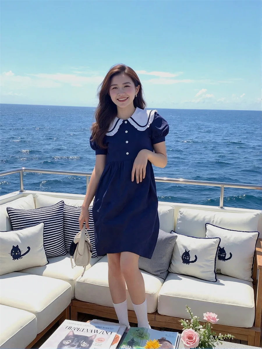 Vestidos de mujer estilo japonés Casual cuello Peter Pan suelto plisado plisado a mano volantes volantes fruncido nivel ahumado