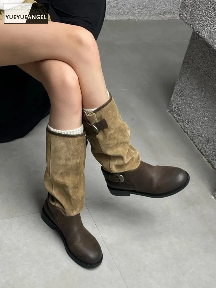 

Designer Handmade Women New Buckle Round Toe Genuine Leather Knee High Boots Comfortable Vintage Knight Boots Fashion Lady Shoes