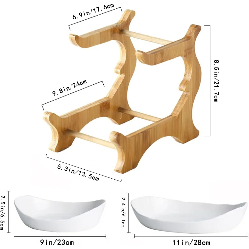 Bowl With Bamboo Wood Stand for Kitchen Counter,Porcelain Fruit Basket for Vegetable Storage,Snack Dessert