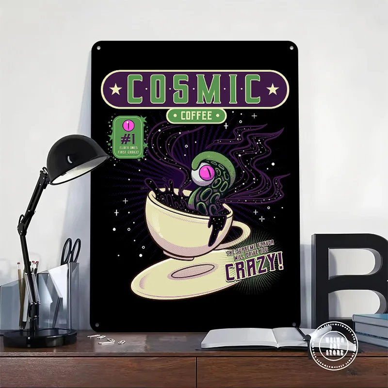 Cosmic Coffee Tinplate Posters Customizable Wall Art Retro Vintage Metal Signs for Home Room Garage Decoration Gaming Desk Decor