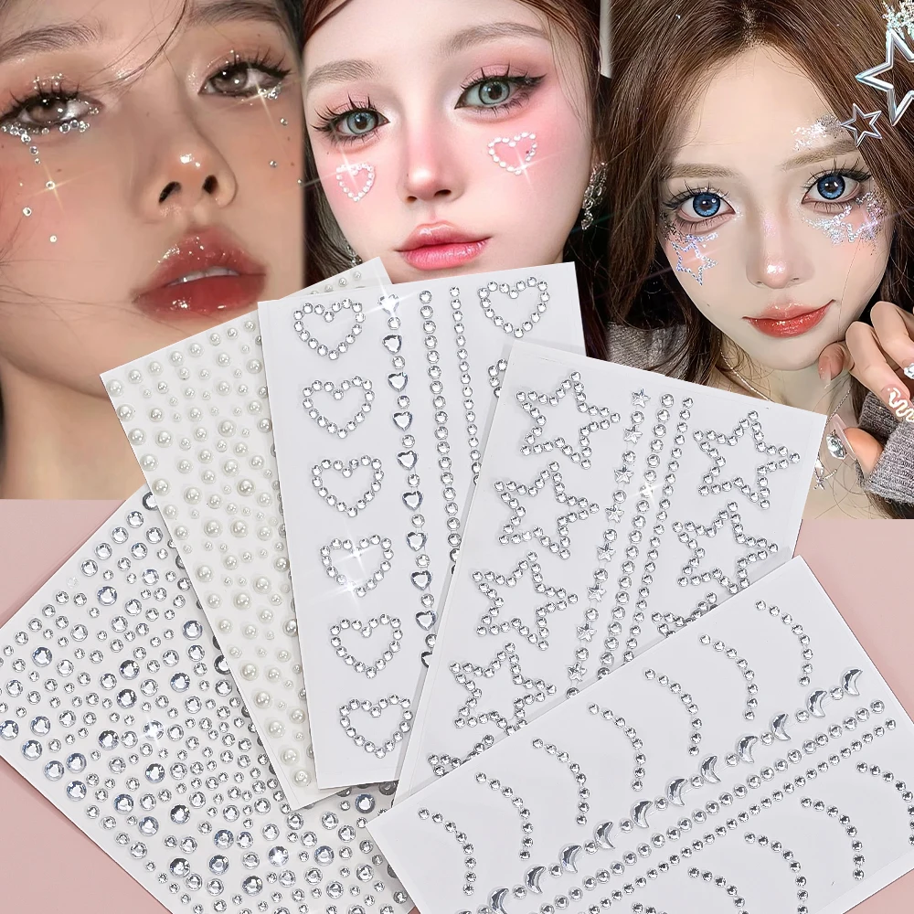 5 Stück 3D-Dekorationen mit klarem Gesicht, Strass-Aufkleber, funkelnder Stern/Liebes-Schmuck, selbstklebende Tattoo-Aufkleber, DIY simuliertes Perlendekor – Detail 11