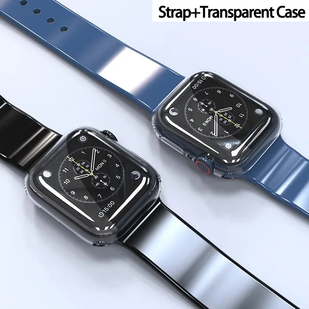 حافظة سيليكون من البولي يورثان الحراري للساعة ، غطاء شفاف وسوار ، سوار لسلسلة iWatch 8 و 9 و 7 و 6 و 5 و 4 ، SE ، 44 ، 40 ، 45 Apple ، 41 ، 38 من من من من ، 42