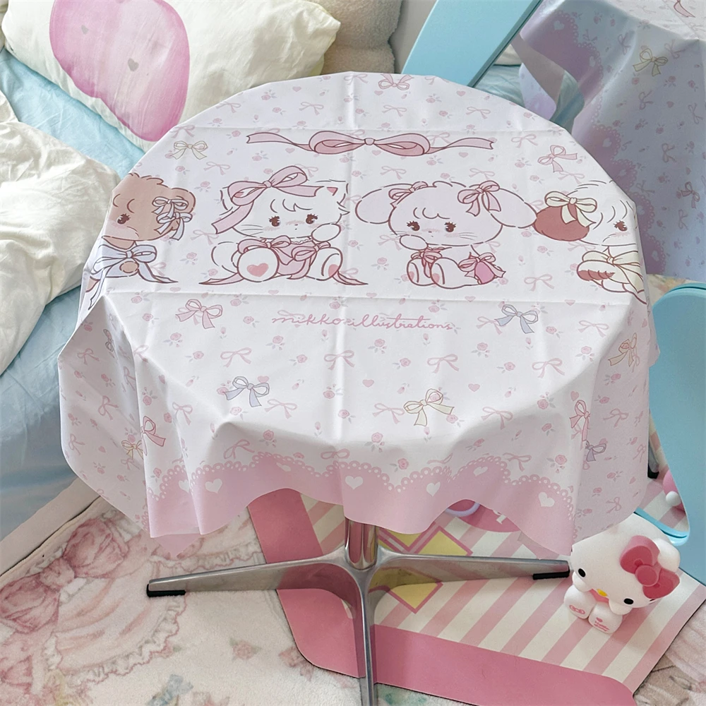 Pink Waterproof And Anti-Oil Stain No-Washable Tablecloth Cartoon Bow Small Animal Printing Household Dormitory Desk Tablecloth