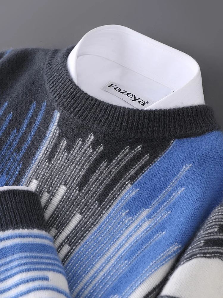 Autumn Winter High Quality Fashion Sweaters/Male Color Contrast  Loose Knitted Pullover 100% Wool Man Casual Round Neck Sweaters