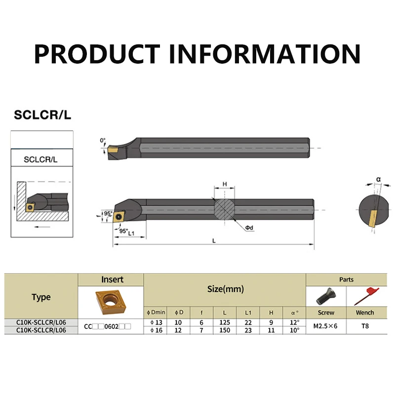 C04H-SCLCR03 C05H-SCLCR04 C06K-SCLCR06 Tungsten steel cutter bar Internal hole Turning Tool CCMT carbide blade lathe tool set