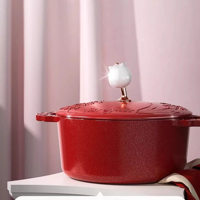 Stylish Red Enameled Cast Iron Soup Pot Rust-Resistant Healthy Glaze Kitchen Gift Set Gas Stove Compatible Good-Looking Cookware