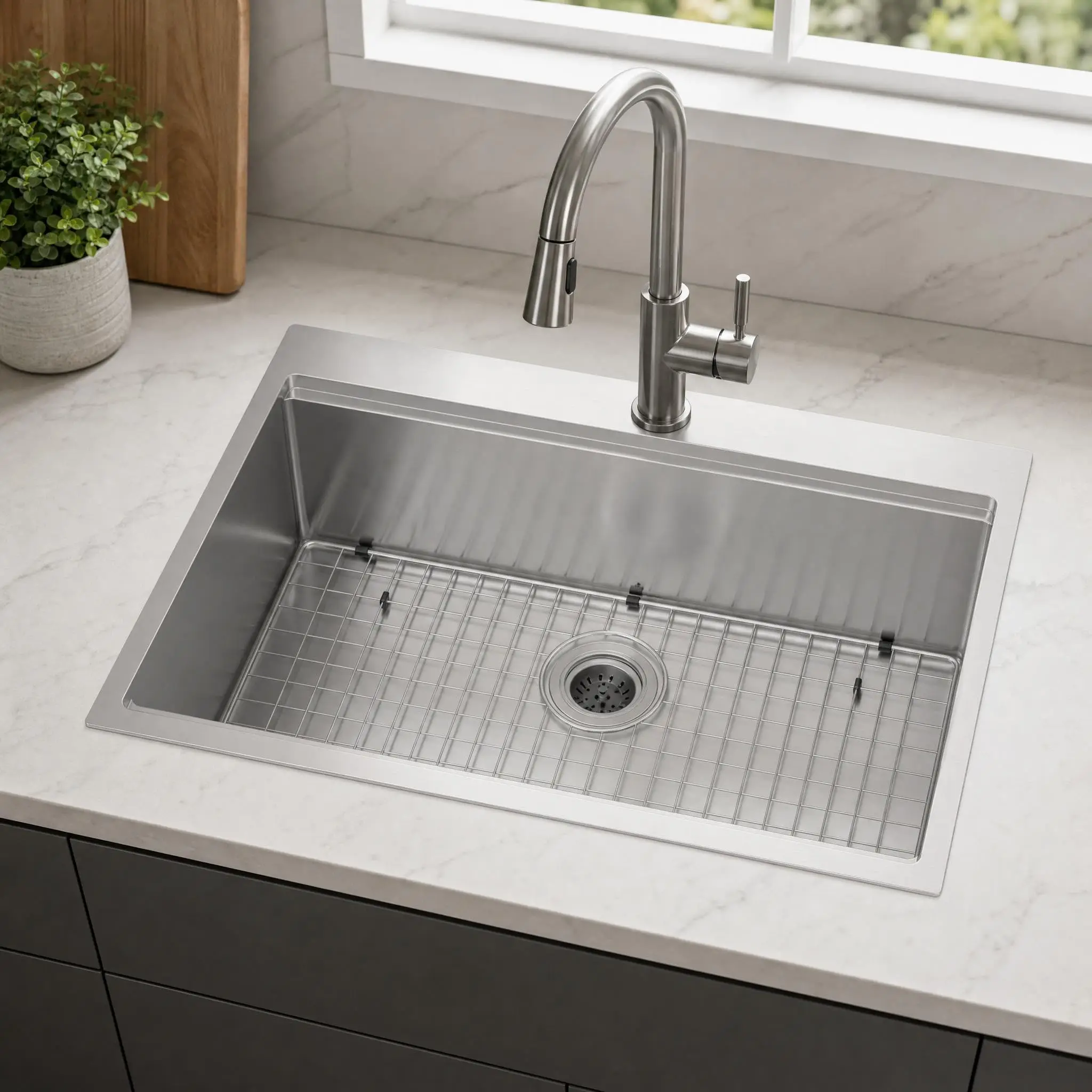 Topmount Kitchen Sink 32×22×10 inch Single Bowl with Ledge, Brushed Stainless Steel, Includes Drain and Grid, Great for
