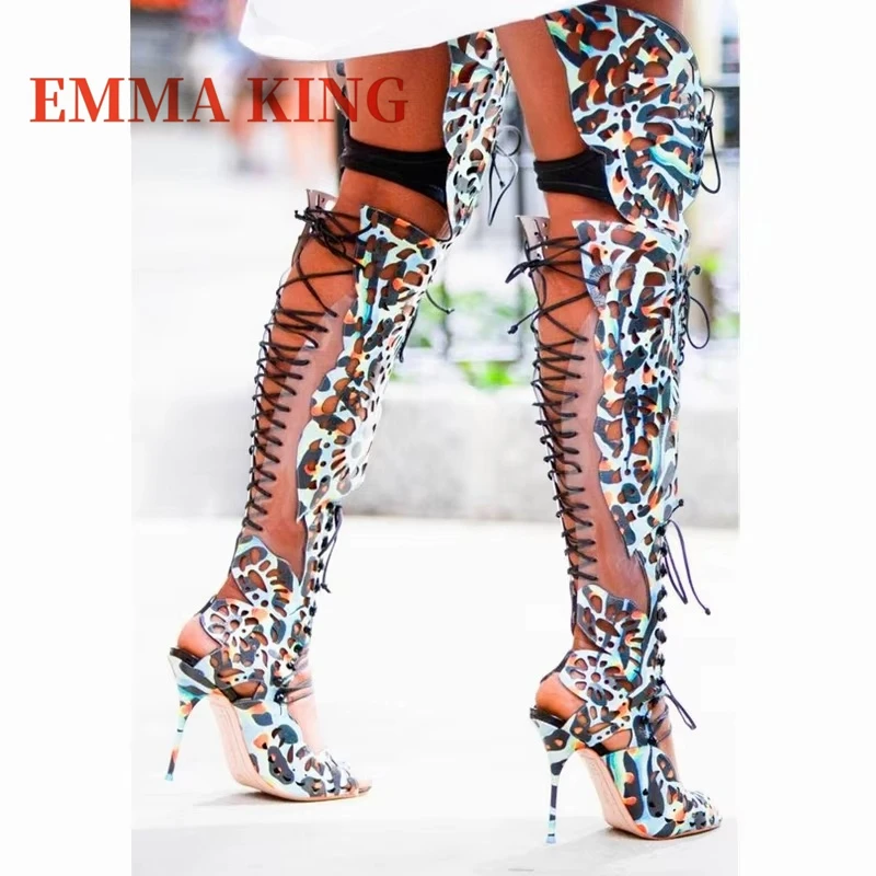 

Butterflies Lace Up Stiletto Sandals Boots Multicolor Leather Over-the-Knee Gladiator Sandals Women's Runway Party Dress Shoes