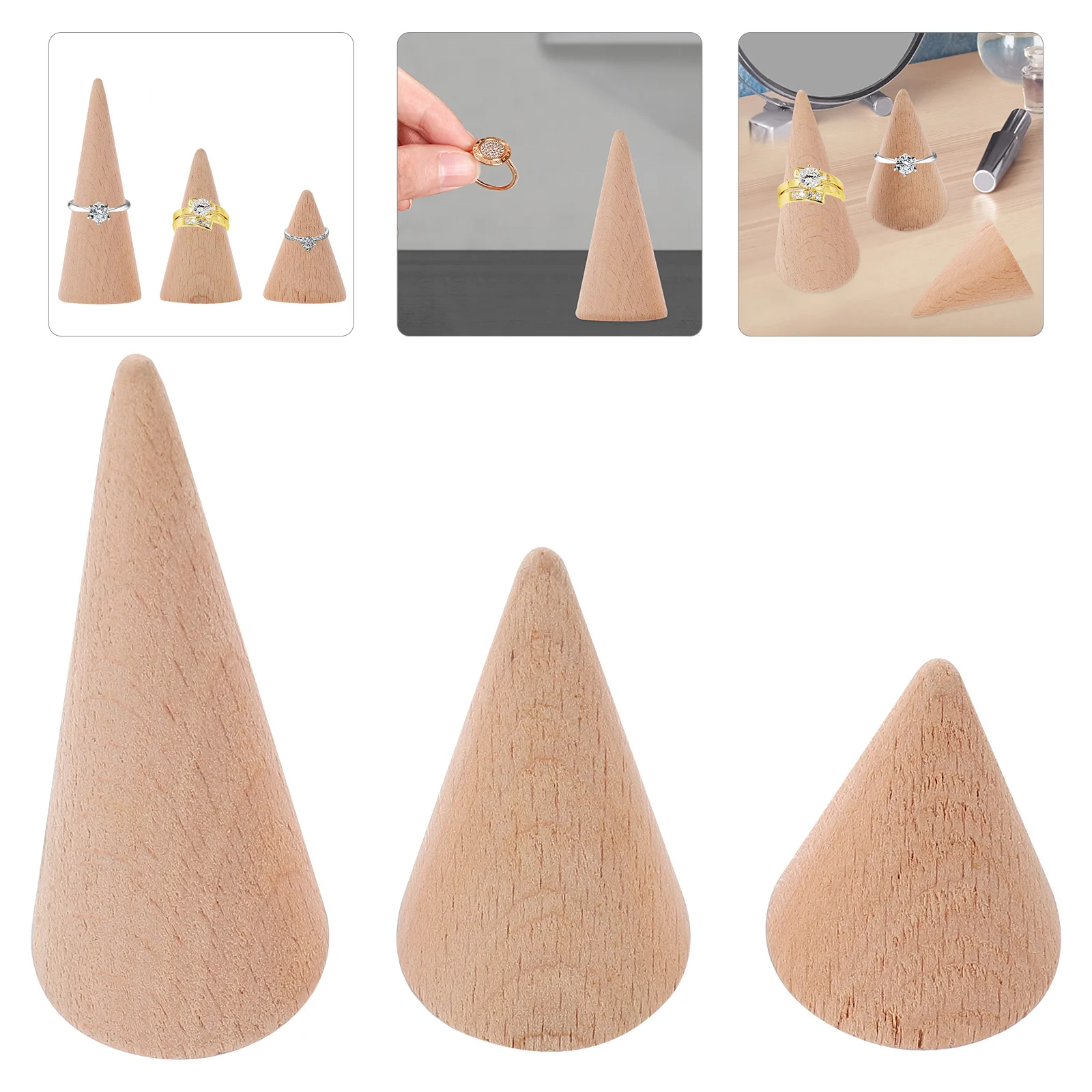 3 قطعة الخشب الصلب مخروط الشكل حلقة عرض موقف تخزين الرف حامل مجوهرات لسطح المكتب متجر عرض الرف