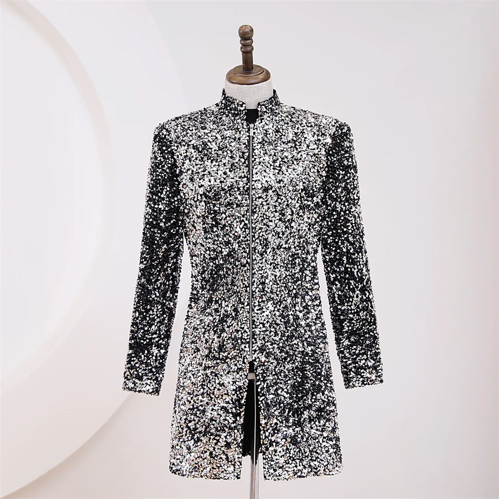 Glitter Gold Silver Sequins Blazers Bar Nightclub Male Singer Concert Stage Jacket Zipper Stand Collar Long Coat Shining Costume