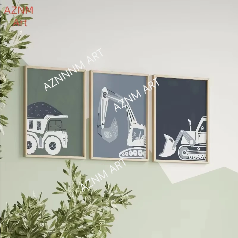 Modern Cartoon Construction Vehicles Poster Truck Tractor Excavator Canvas Painting Wall Art for Nursery Boys Room Home Decor