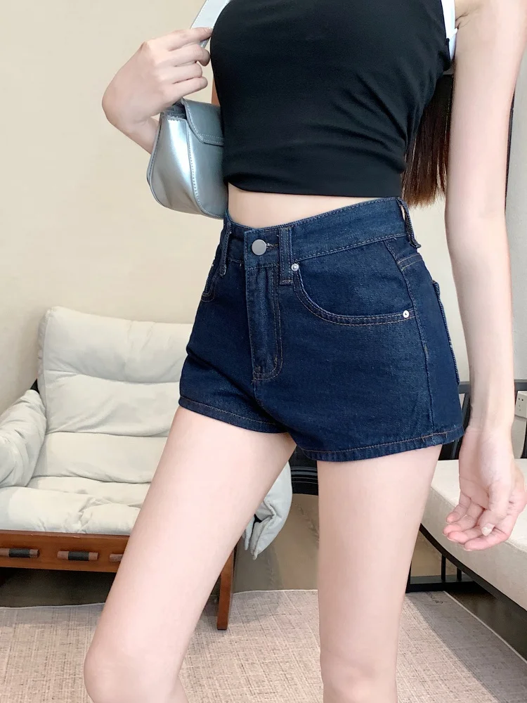 

Темно-синие облегающие прямые джинсовые орты для женщин, большие размеры, сексуальные шорты с высокой талией, джинсы, повседневная летняя одежда