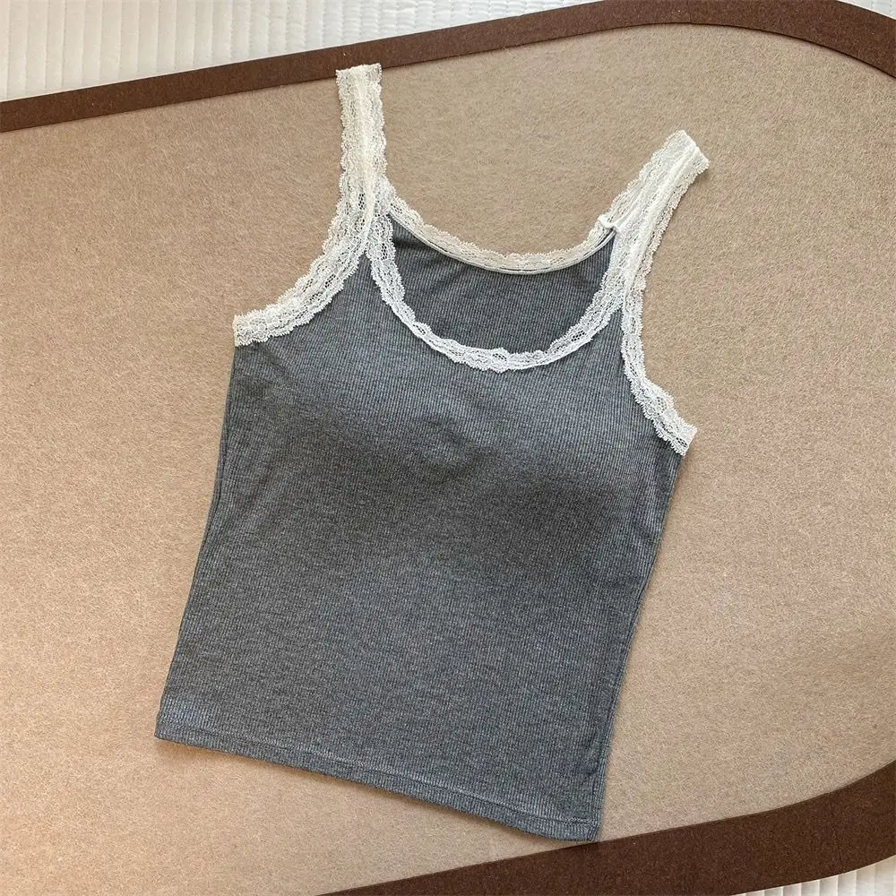 New Cotton Lace Camisole Solid Color Lace Trim Push Up Bra Breathable Crop Top