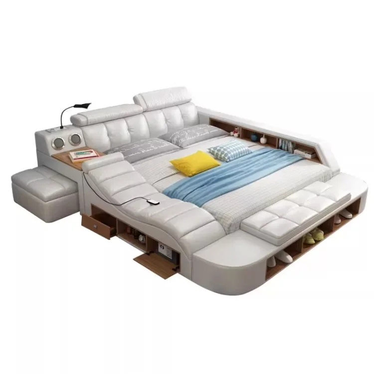 #MINGDIBAO  All In One Bed, Luxury Multifunctional Genuine Leather Bed Frame with Tatami, Tech Smart Ultimate Lit 2 Personnes