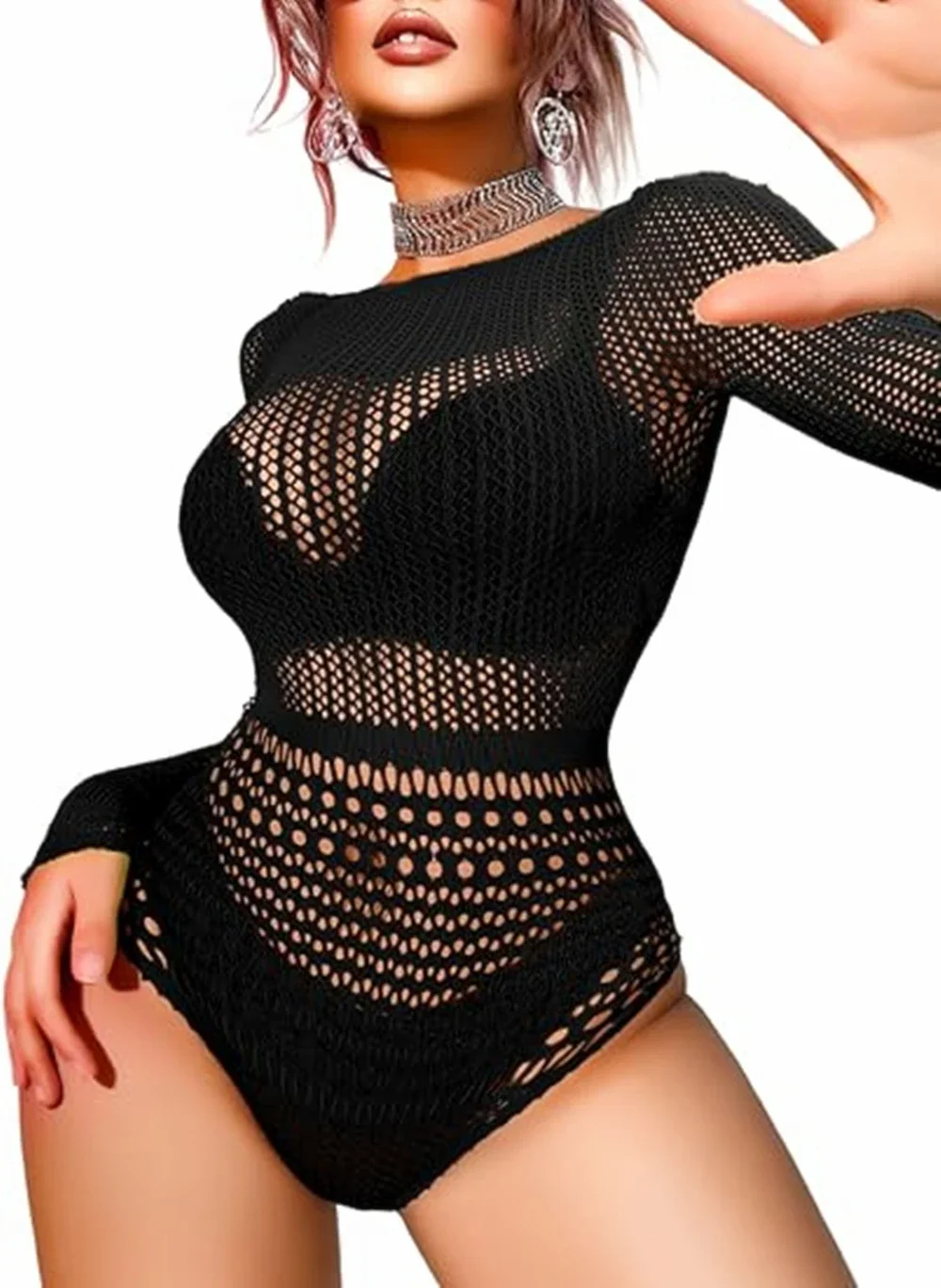 Costume de batterie transparent en dentelle transparente pour femmes, vêtements de danse sans entrejambe, boîte de nuit, manches longues, voir à travers la poitrine, nouveau corps sexy