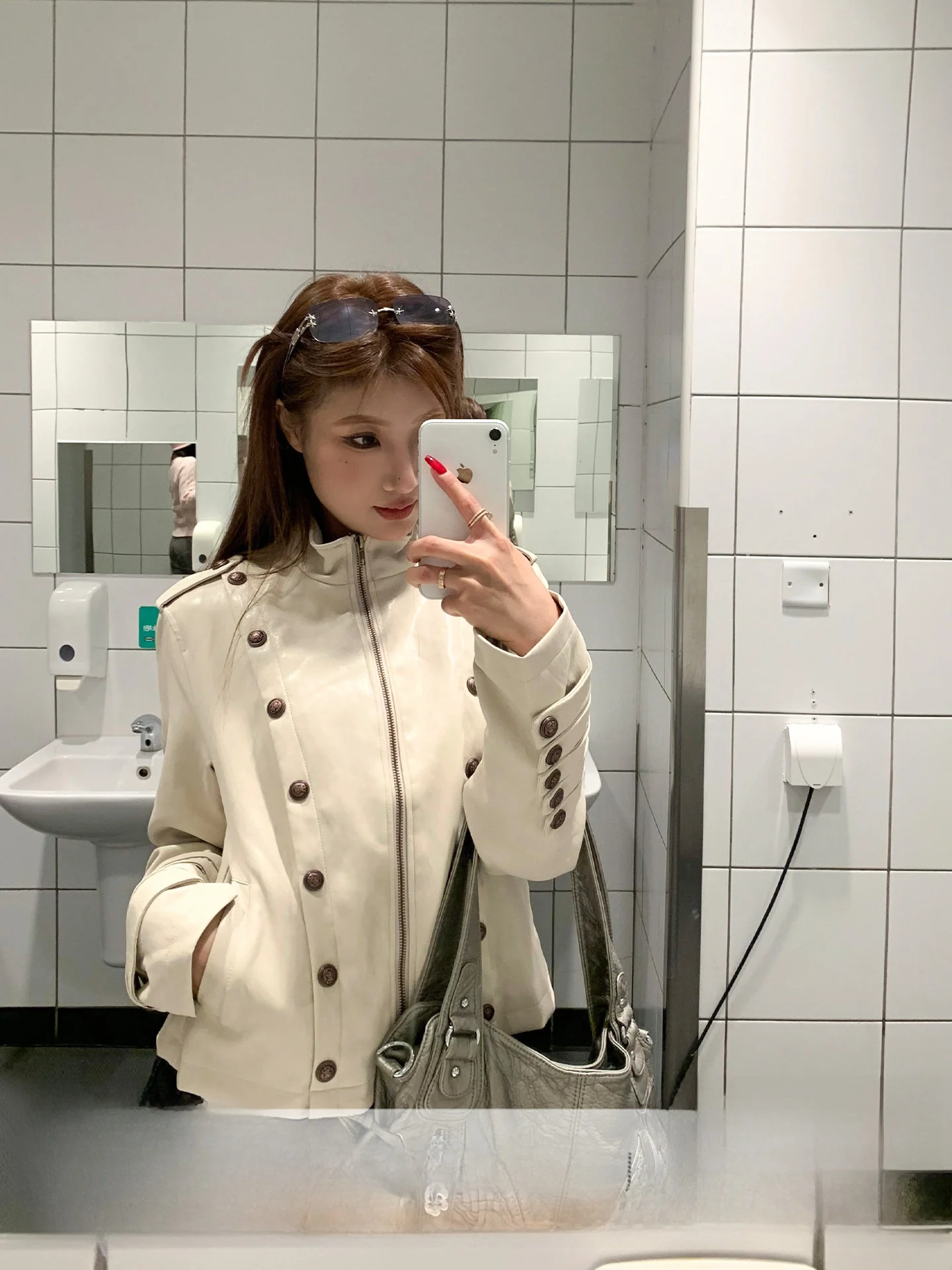 

American Style Button up Leather Jacket Women's Spring Autumn Short Motorcycle Jacket Casual Slimming Outerwear Coat