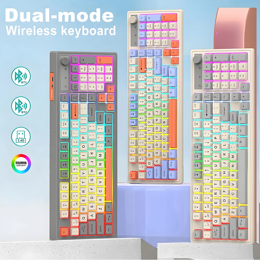 

Dual Bluetooth Mechanical Keyboard Dual Modes BT 2.4G Gaming Wireless Keyboard RGB Glows Adjustable volume knob Keyboard For PC