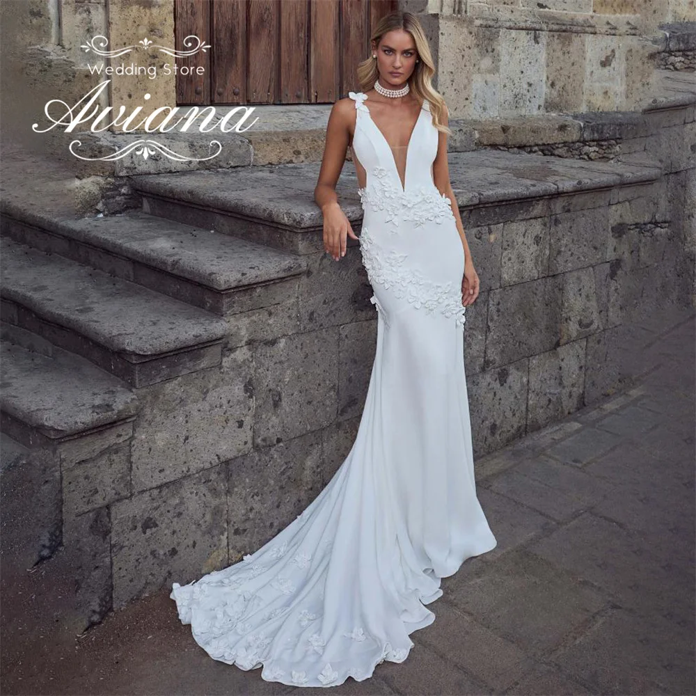 Aviana Customized Simple V-Neck Mermaid Wedding Dress Appliques Embroidery Backless Sleeveless Flower Spaghetti Strap Morden