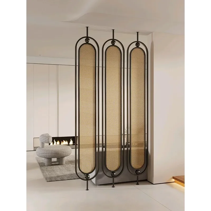 Rattan Glass Screen Partition for Living Room Entryway Modern Wabi Style Retro Design Door Divider 2024 New Simple Home Decor