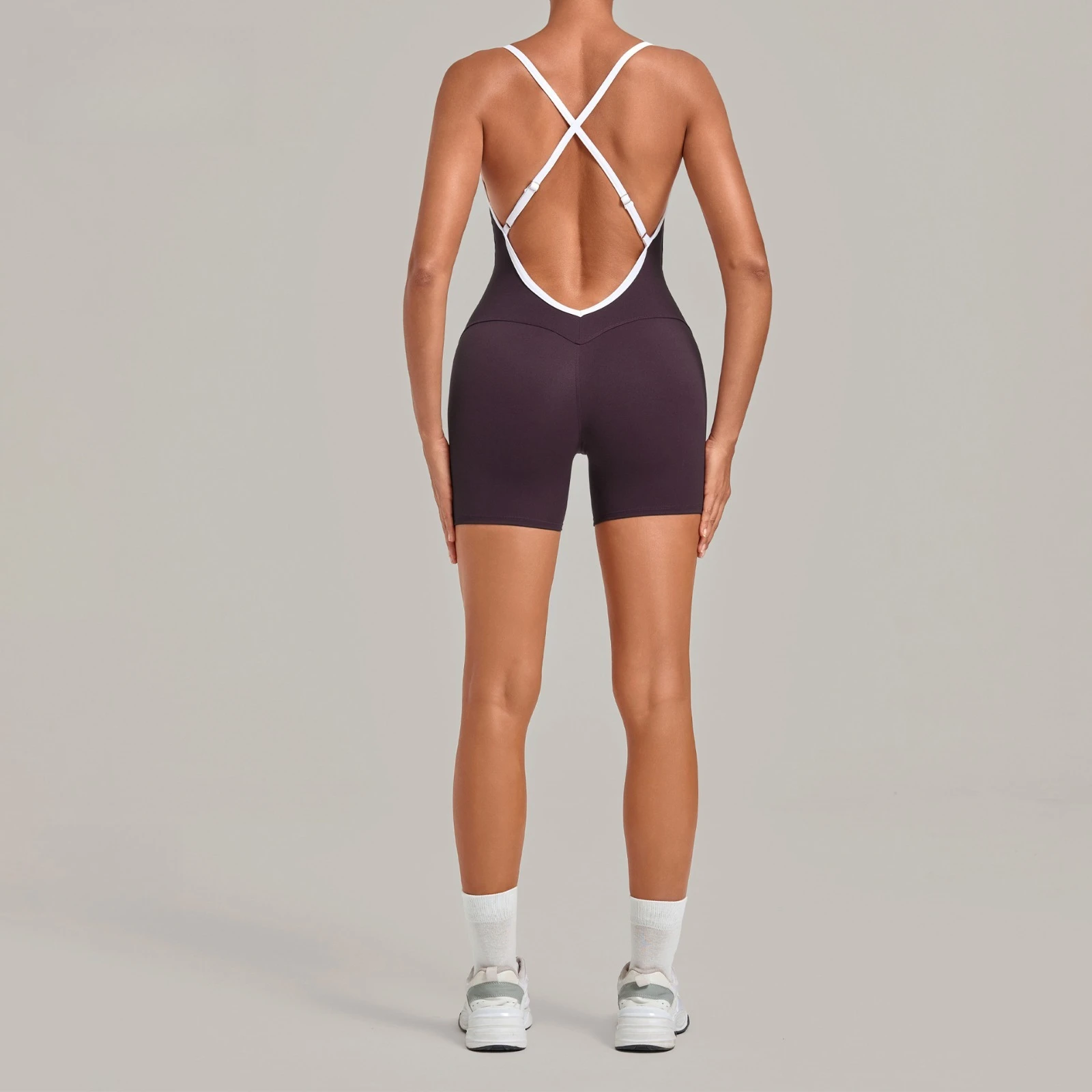 Women New Color Block Cross Back Tight One Piece Yoga Jumpsuit Gym Fitness Sports Bodycon Yoga Bodysuit Shorts