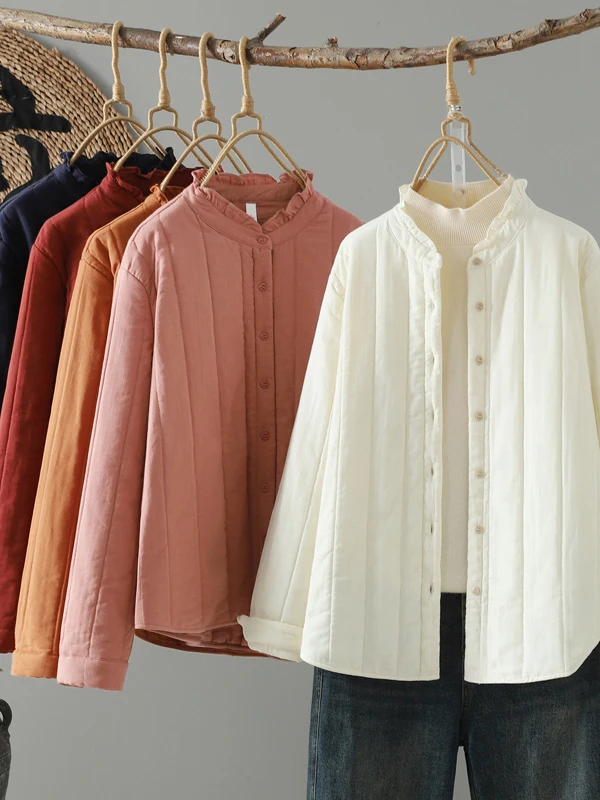 

Authentic Autumn Winter Cotton Jaet with Lace Collar And Ear Musoom ape Stand Collar Thiened Long Sve Women's Coat