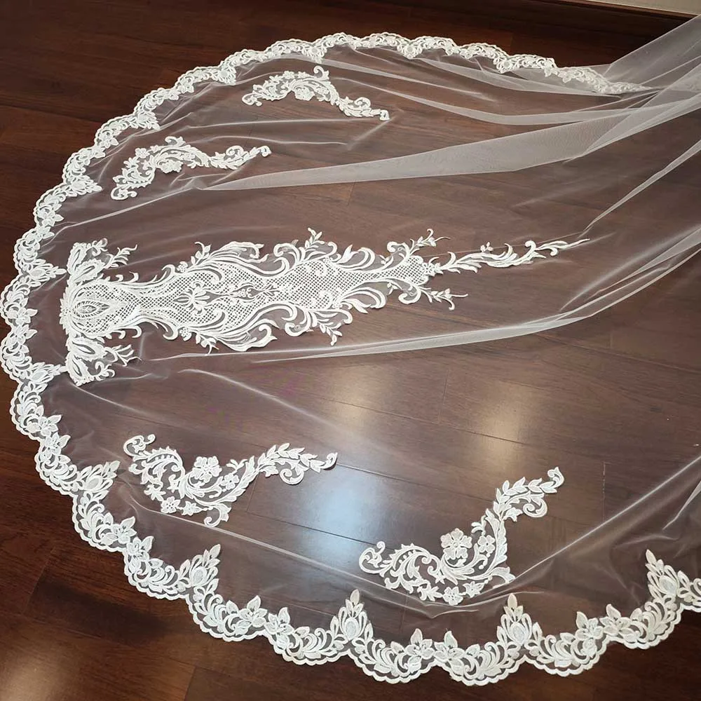 Real Photos Lace Mantilla Veil with Hidden Comb Cathedral Length Ivory 1 Layer Bridal Veil Wedding Accessories