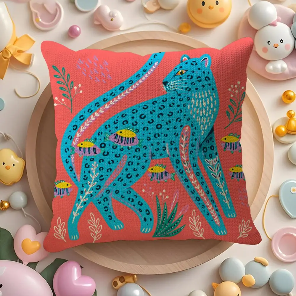 Geometric Animal Pattern Cushion Cover Natural Linen Organic Fabric Double-Sided Printing Sofa Home Decor Gift Pillow Case