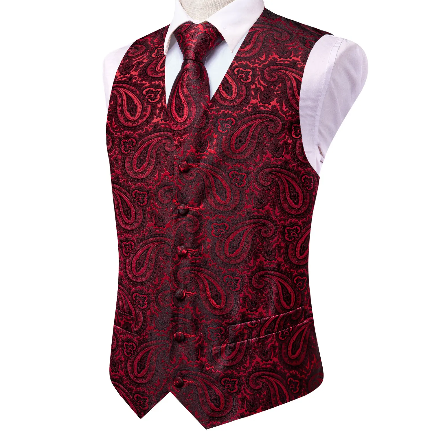 Paisley Silk Men Vest Red Black Blue Green Purple Jacquard Waistcoat Jacket Necktie Hanky Cufflinks Clip Wedding Business Hi-Tie