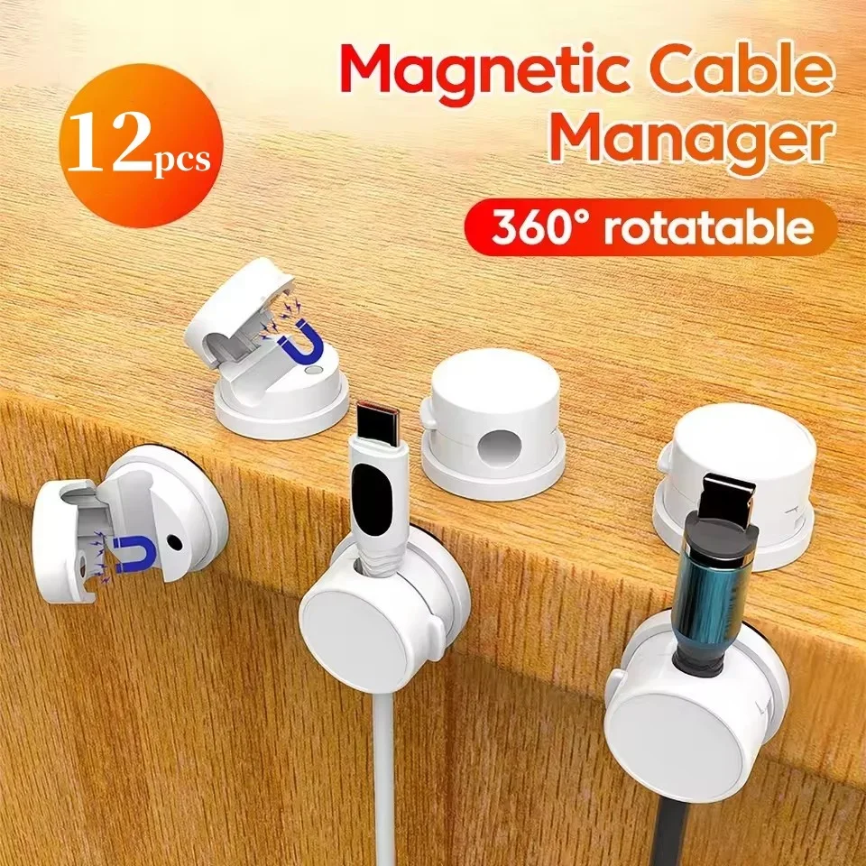 Organizador de cables con clip magnético giratorio 360°, soporte adhesivo para cables, sistema de gestión de cables, enrollador de cables USB para el hogar y la oficina.