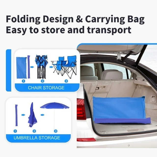 كرسي تخييم مزدوج قابل للطي للنزهات في الهواء الطلق مقعد مزدوج مع حقيبة تبريد ومظلة ومظلة للشمس