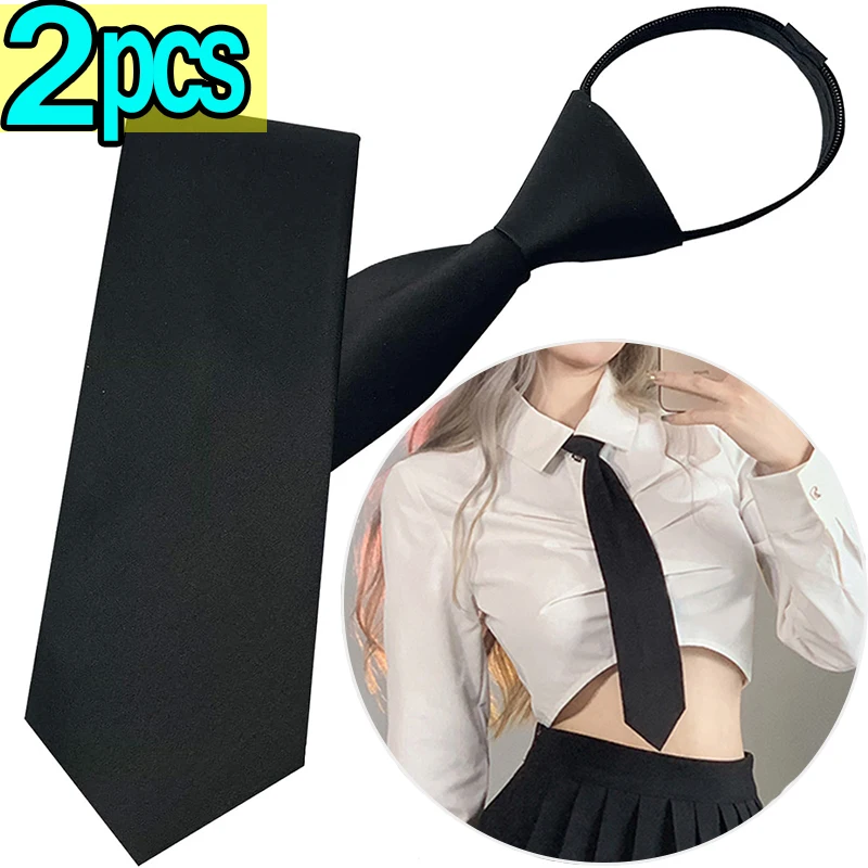 Unisex Black Simple Clip On Tie Security Zipper Tie Uniform Shirt Suit Neckties Steward Matte Lazy Men Neck Ties Women Students