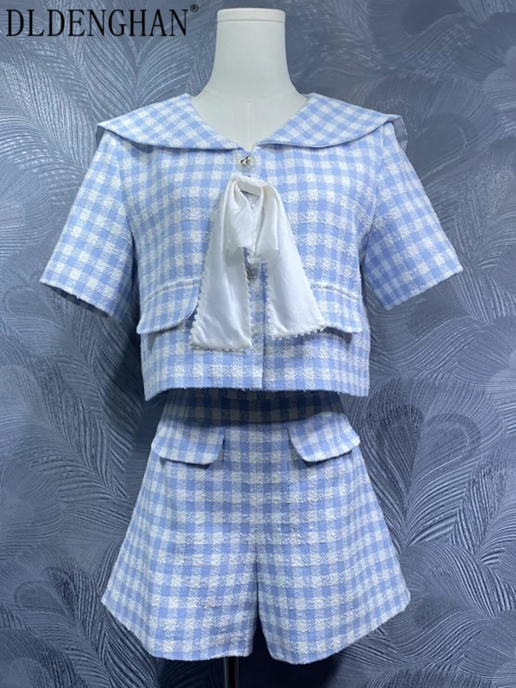 

DLDENGHAN Women's Sailor Collar Short sleeves Single Breasted Top+ Shorts Plaid Tweed Casual Two-Piece Set Summer Fashion Female