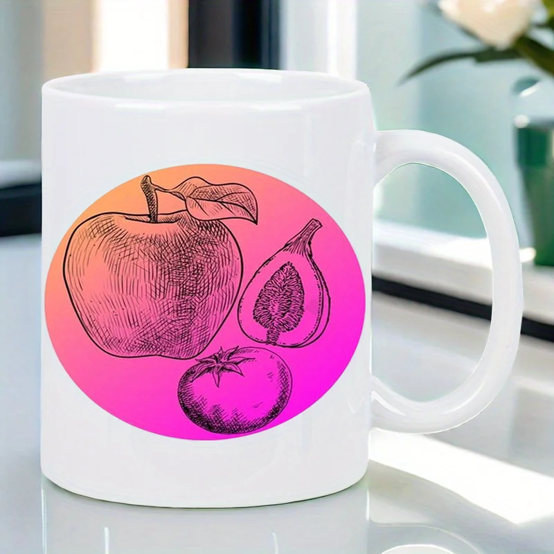 

Керамическая белая кружка «Фруктовый утренний» с дизайном «Яблоко, груша и клубника» — яркий градиент от розового до оранжевого фона, прочный Ce
