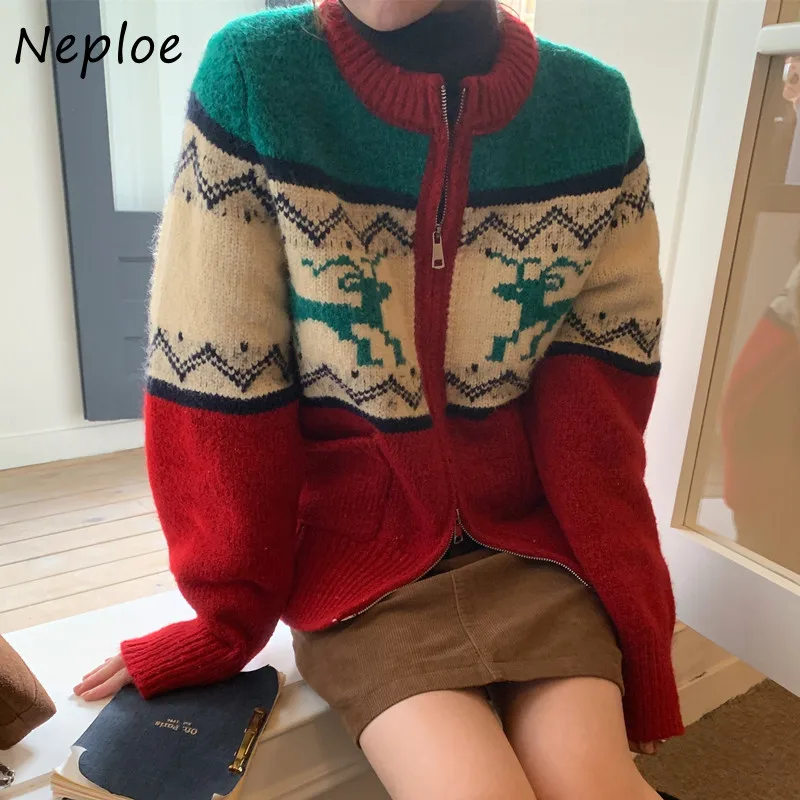 Neploe Atmosphere Vintage French Contrasting Deer Jacquard Sweater Coats Femme 2024 Autumn Winter Zipper Pocket Knit Cardigan