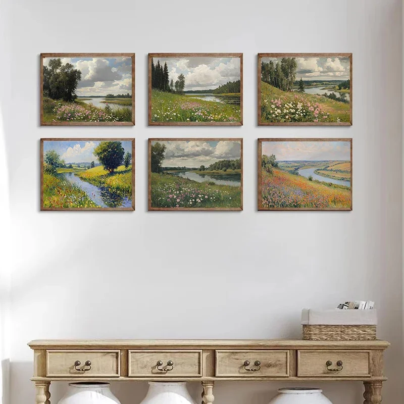 Multiple sizes 1pc frameless Canvas Painting,Rustic Summer Meadow Wildflower Cloud Forest River Landscape Art Poster Canvas Pain