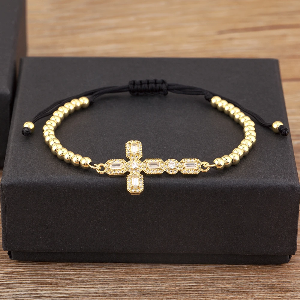 New Trendy Religious Style Cross Shape Round Beads Sparkling Zircon Hand Bracelets 6 Styles For Women Jewelry Accessories Gifts