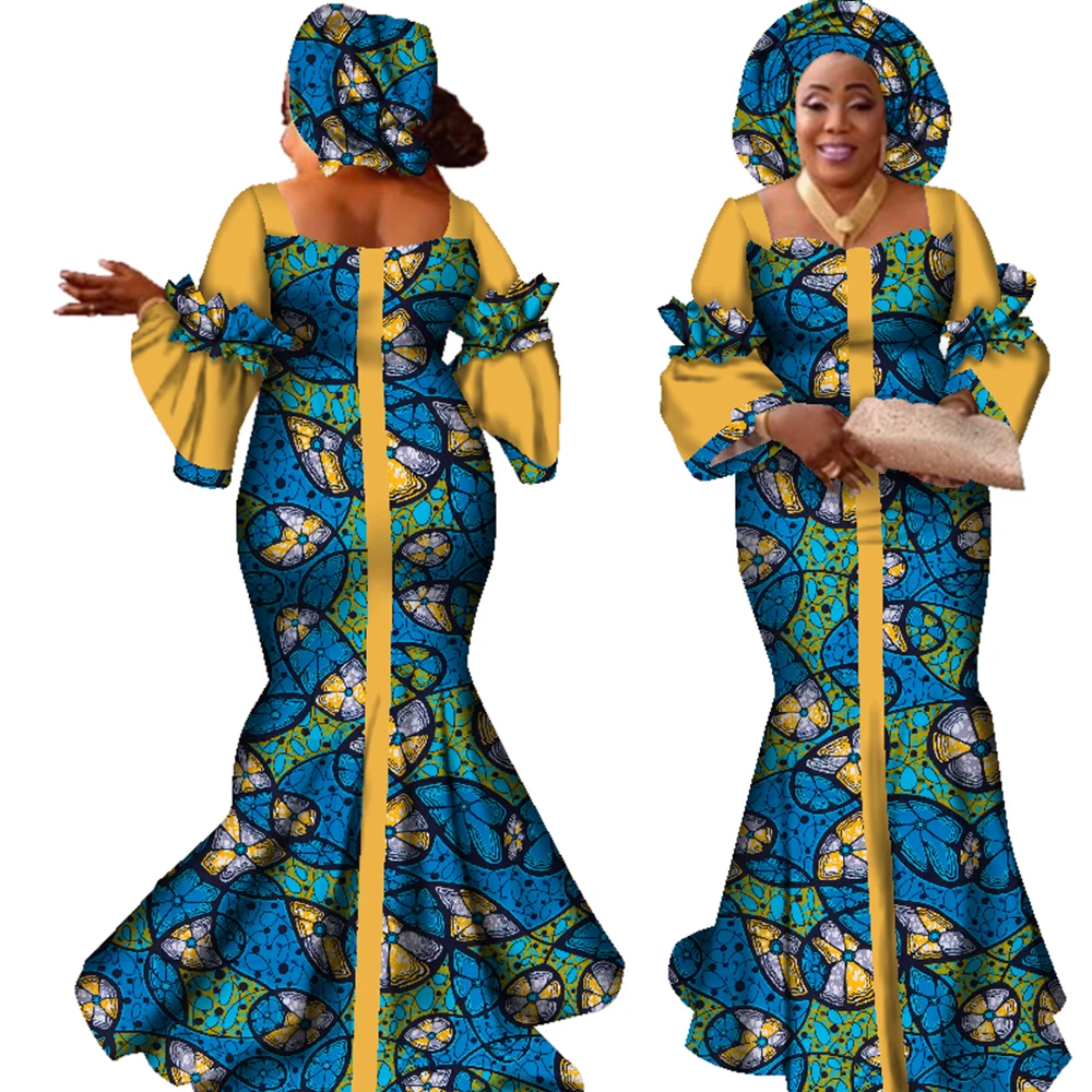 Vestidos africanos para mujer, diseño de moda, nuevo vestido africano Bazin de diseño de moda, vestido largo con bufanda, ropa africana WY2347