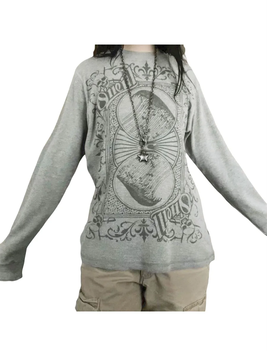 Female Tops Printed Patterns Round Neck Long Sleeve Loose Pullover Blouse for Spring Autumn Gray S M L XL