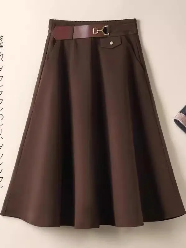 Caramel Woolen A-Line  Skirt High Waist Commuter Style Spring Autumn Hepburn Umbrella Skirt Small Size Women's Skirts