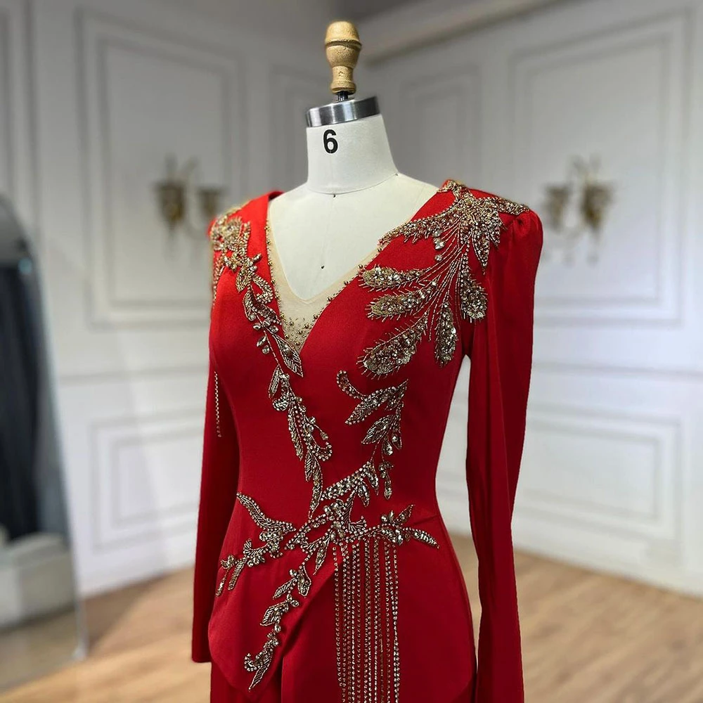 Real Images Red Long Prom Dress Full Sleeves V Neck Formal Occasion Dresses For Women With Handsewn Beaded Elegant Party Gown